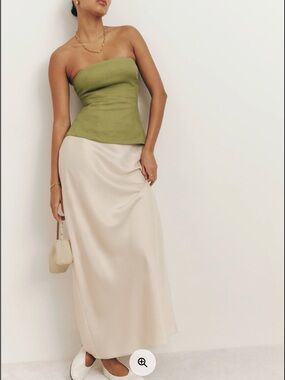 Reformation Iskra Two Piece Olive Strapless Top with Cream Satin Midi Skirt Set